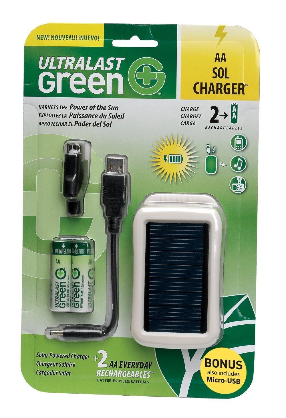 UltraLast Green Solar 2 AA/USB Charger with 2 AA Everyday Precharged Batteries
