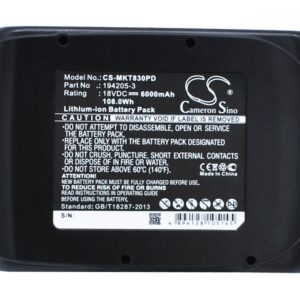 18.0V, Li-ion, 6000mAh, Power Tools battery fits Makita, (V2), 194065-3, Bbo140, Bbo180, 108Wh