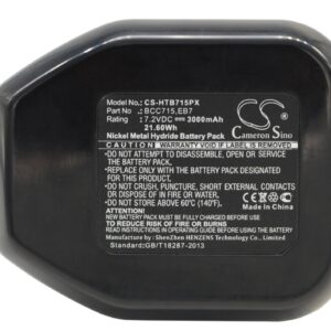 7.2V, Ni-MH, 3000mAh, Power Tools battery fits Hitachi, Bcc715, Dn10dsa, Dn10dta, 21.6Wh