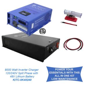 Off Grid / Back Up 8000 Watt Pure Sine Inverter Charger Split Phase 120V/240V & 48V Lithium Battery Kit