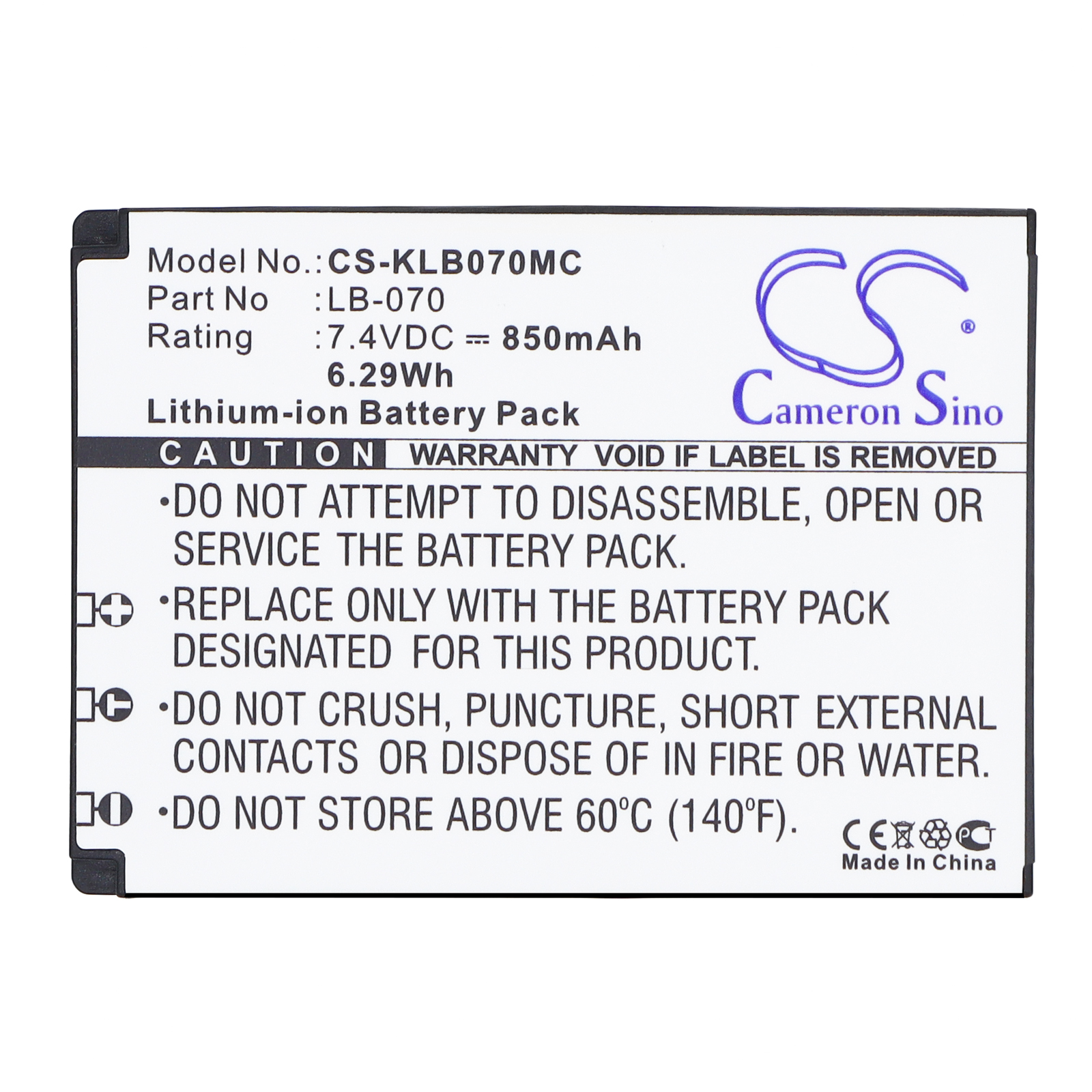 Kodak LB-070 Digital Camera Replacement Battery 7.4V 850mAh