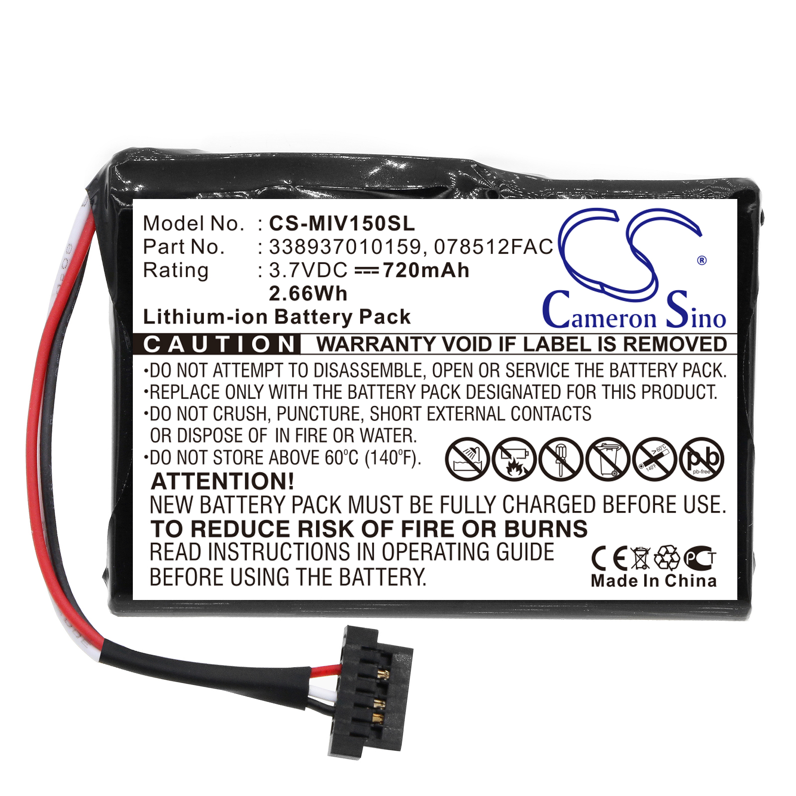 Mitac Mio Moov 150 078512FAC Replacement Battery 3.7V 720mAh