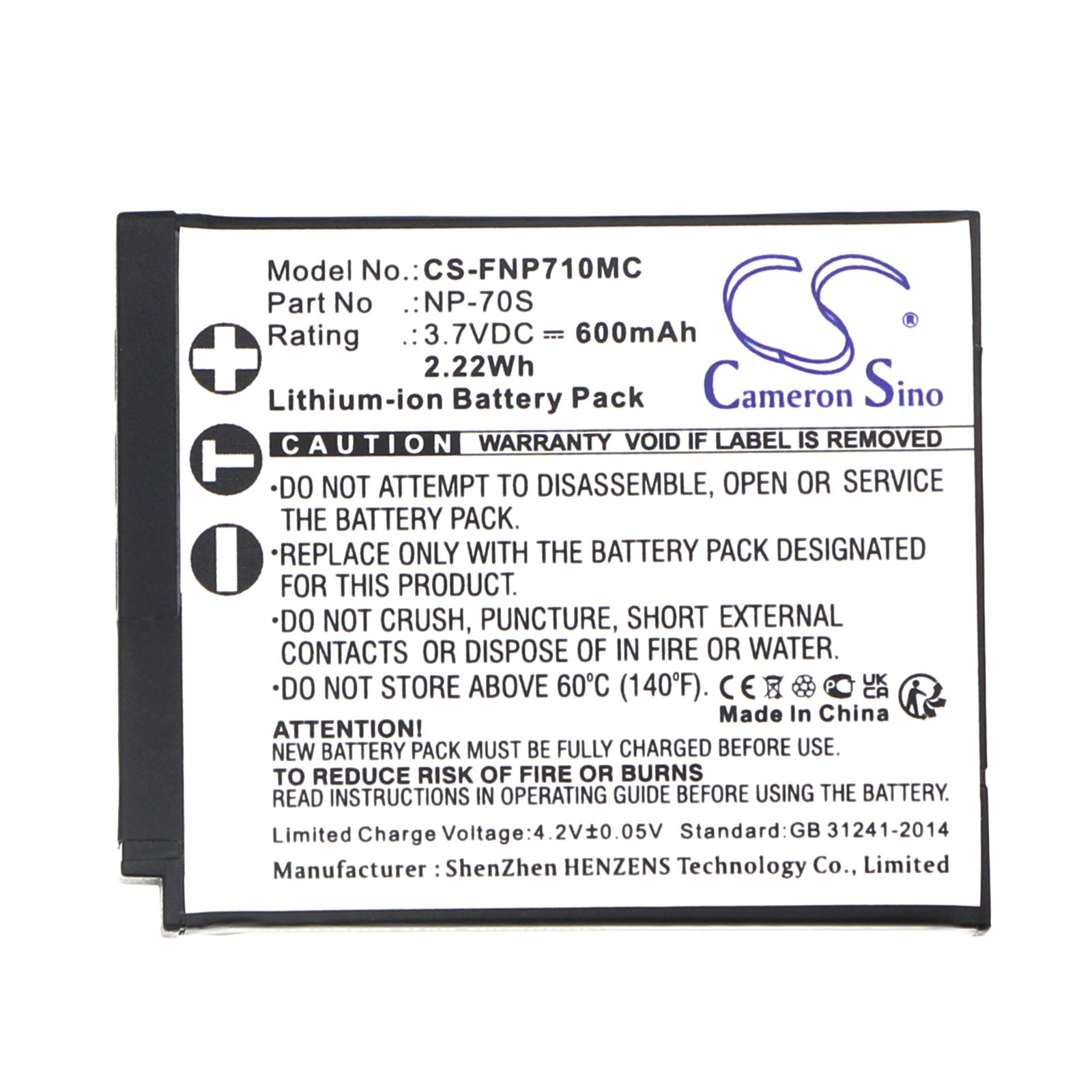Replaces battery for Fujifilm NP-70S, Instax Mini 99, 600mAh