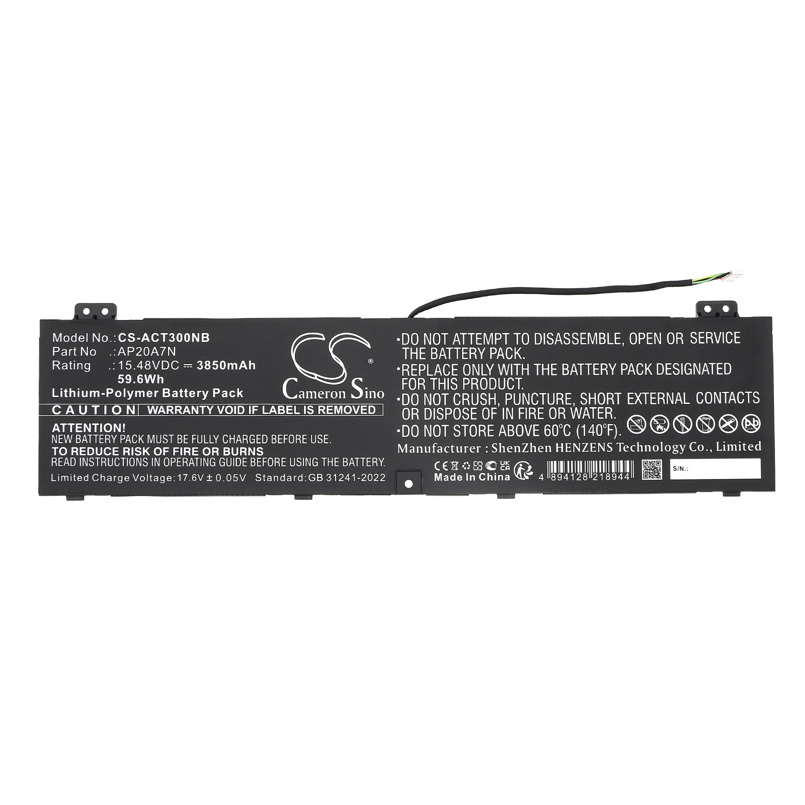 Acer AP20A7N KT.00407.010 Replacement Battery 15.48V 3850mAh