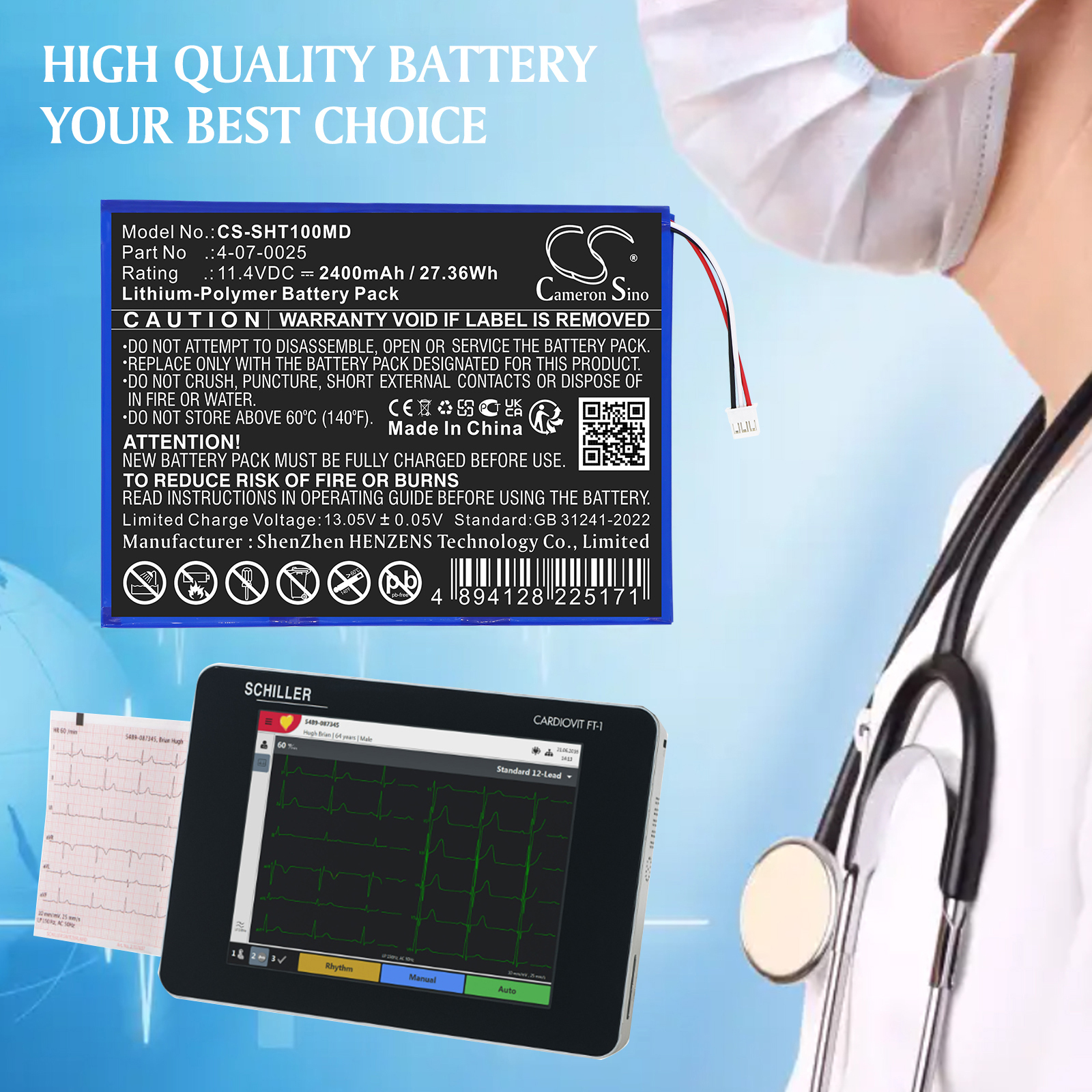Schiller FT1 ECG 4-07-0025 Replacement Battery 11.4V 2400mAh