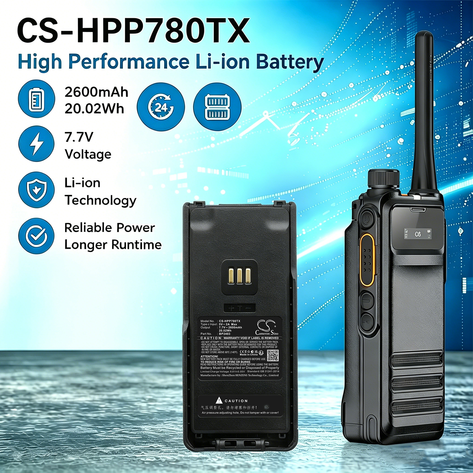 3200mAh Replacement Battery for Hytera BP2403, BP3003, HP700, HP705, HP780, HP785 Support with IMPRES