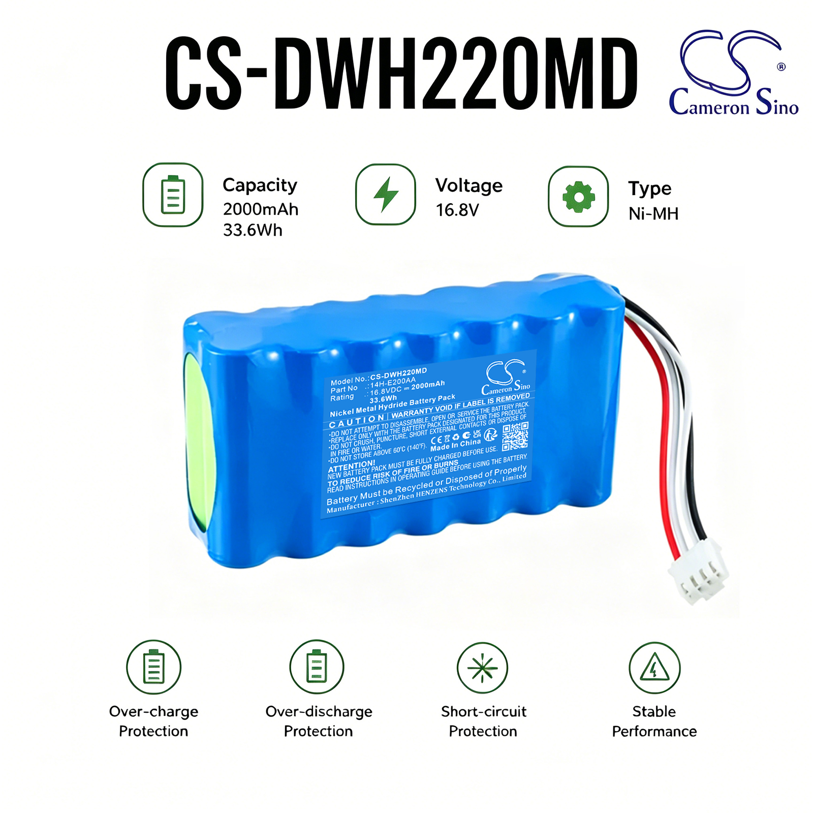 2000mAh Replacement Battery for DAIWHA DI-2200, 14H-E200AA