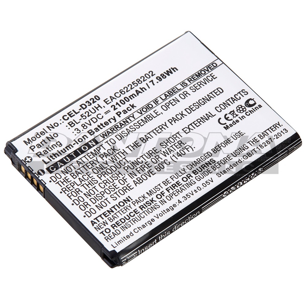 LG BL-52UH D280 D285 D320 D325 D329 Cell Phone Replacement Battery 3.8V 2100mAh