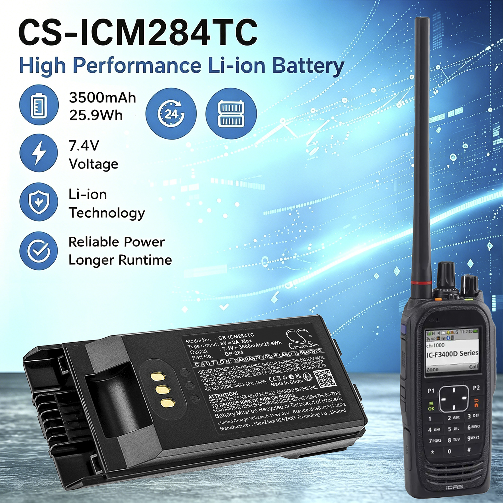 Icom BP-283 Two-Way Radio Replacement Battery 3300mAh
