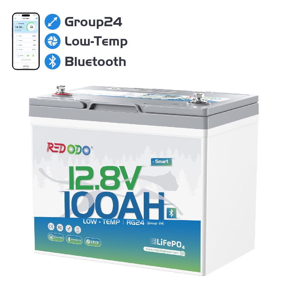 Redodo 12V 100Ah Group 24 Bluetooth LiFePO4 Battery | Real-Time Battery Monitoring | For RV, Marine, Solar