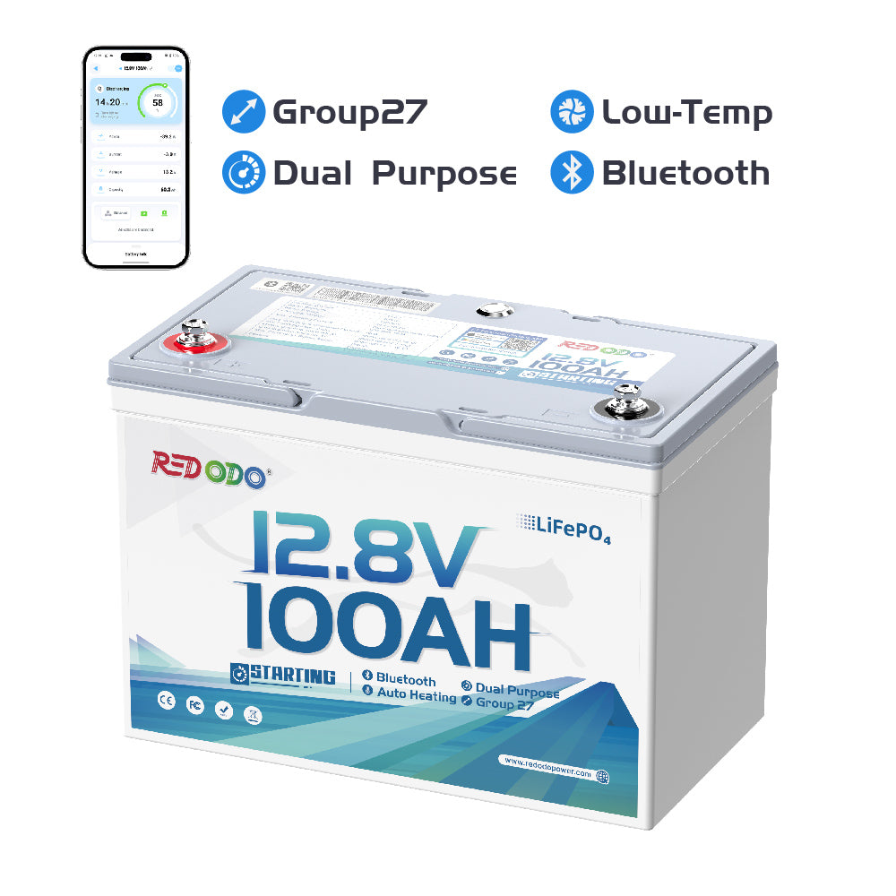 Redodo 12V 100Ah 900 CCA Group 27 Dual Purpose Marine Battery with OTA Bluetooth Auto-Heating