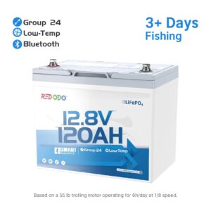 Redodo 12V 120Ah Group 24 Trolling Motor Bluetooth Lithium Battery | For 3+ Days Fishing