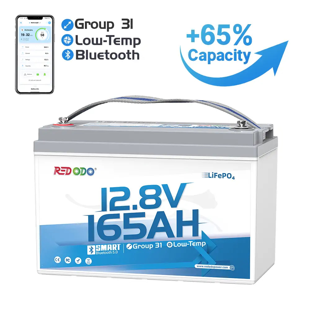 Redodo 12V 165Ah Group 31 Bluetooth Lithium Battery | For RV, Marine, Solar Home